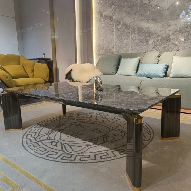 High-End Marble Coffee Table with Wood Veneer Legs and Polished Metal Accents